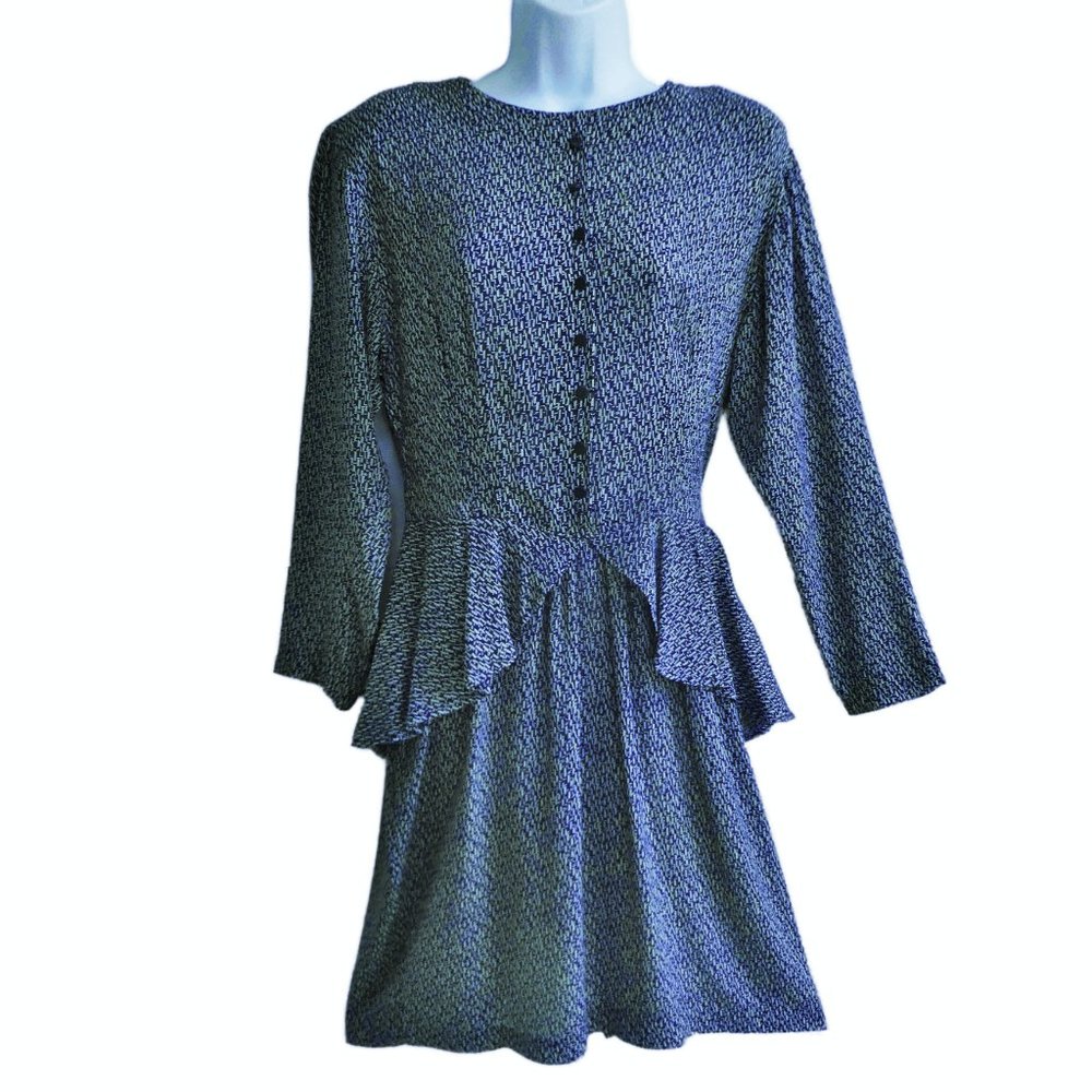 Vintage Secretary Pinup Dress Midi Navy White Geo Peplum Back Zipper USA SP